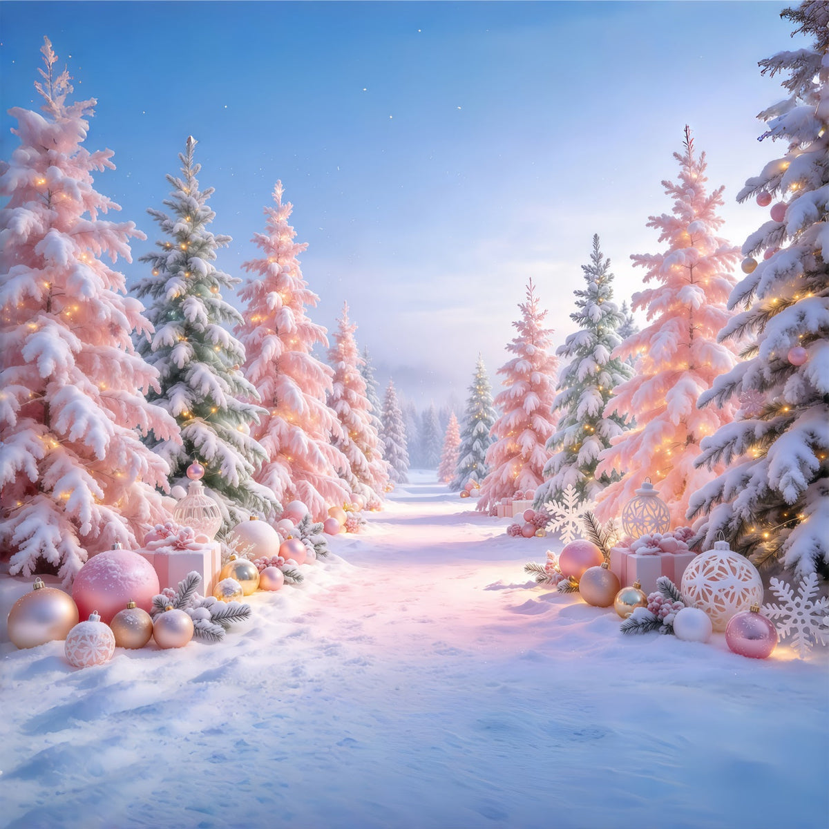 Christmas Tree Backdrops Blush Pink Ornament Forest Christmas Stage Backdrop UK GQ610-85