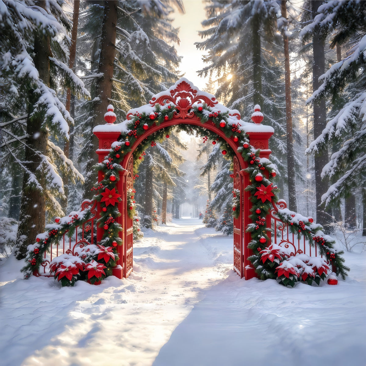 Snowy Christmas Backdrop Ornate Red Garland Gateway Christmas Studio Backdrop UK GQ610-87