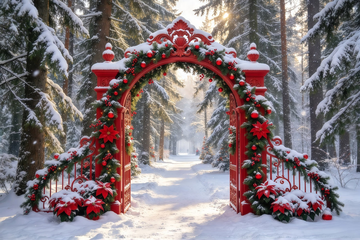 Snowy Christmas Backdrop Ornate Red Garland Gateway Christmas Studio Backdrop UK GQ610-87