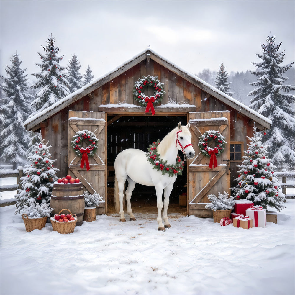 Western Christmas Backdrop White Horse Rustic Barn Christmas Backdrop