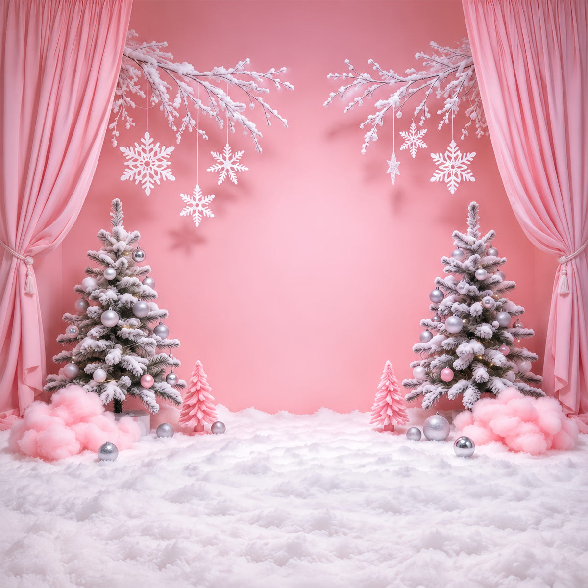 Winter Christmas Backdrop Pink Curtain Snowflake Wonderland Christmas Theme Backdrops UK GQ610-96