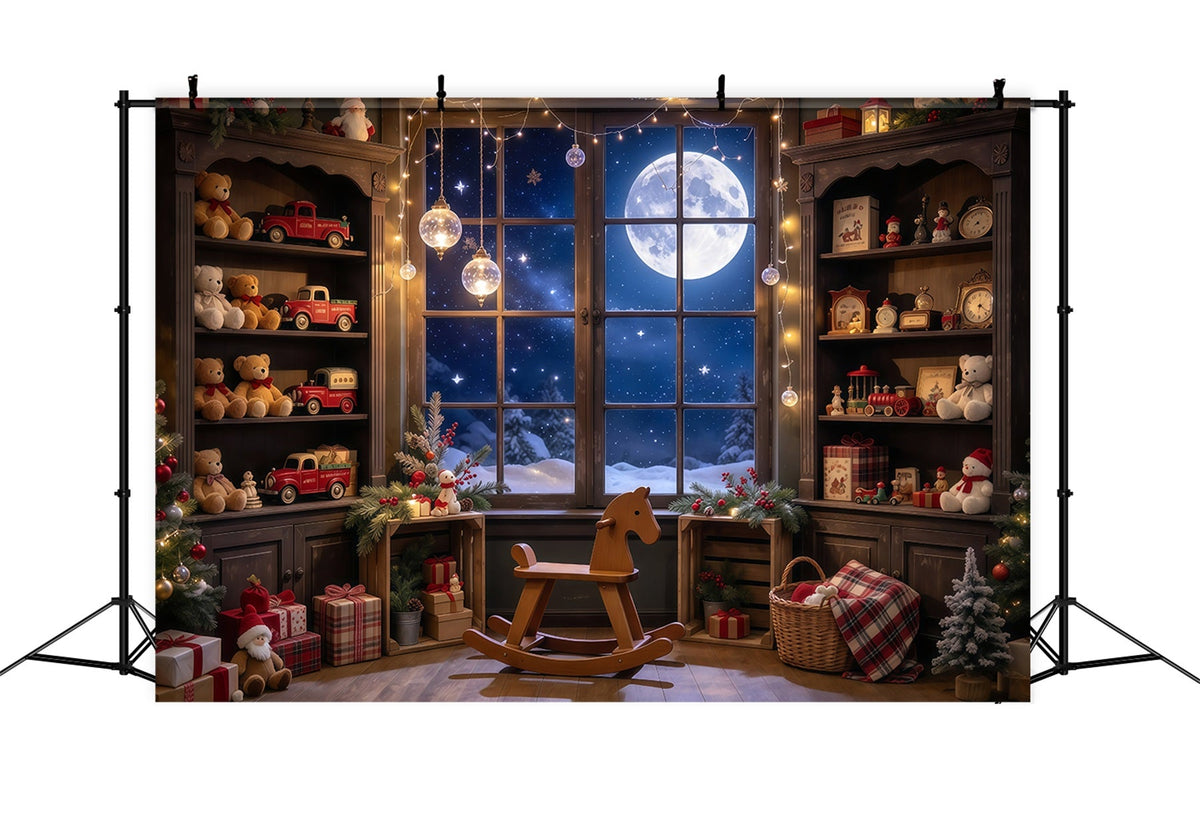 Santa Workshop Backdrop Moonlit Toyroom Window Display Xmas Backdrops Photography UK GQ610-97