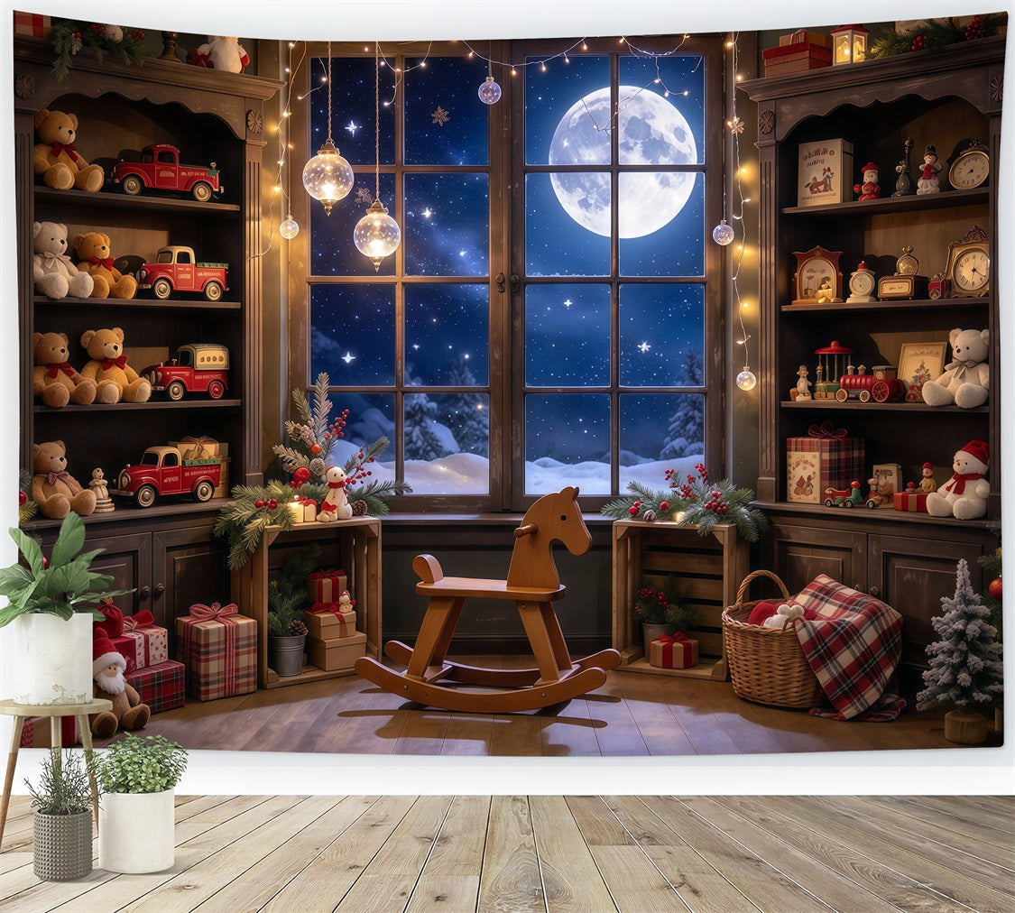 Santa Workshop Backdrop Moonlit Toyroom Window Display Xmas Backdrops Photography UK GQ610-97