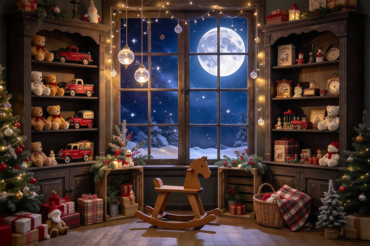 Santa Workshop Backdrop Moonlit Toyroom Window Display Xmas Backdrops Photography UK GQ610-97