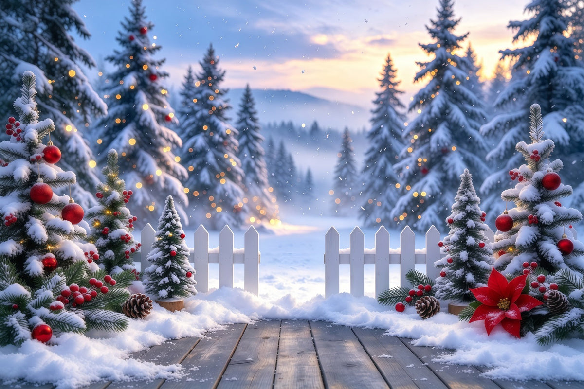 Christmas Tree Forest Backdrop Snowy Picket Fence Entryway Xmas Backdrop for Photos UK GQ610-99