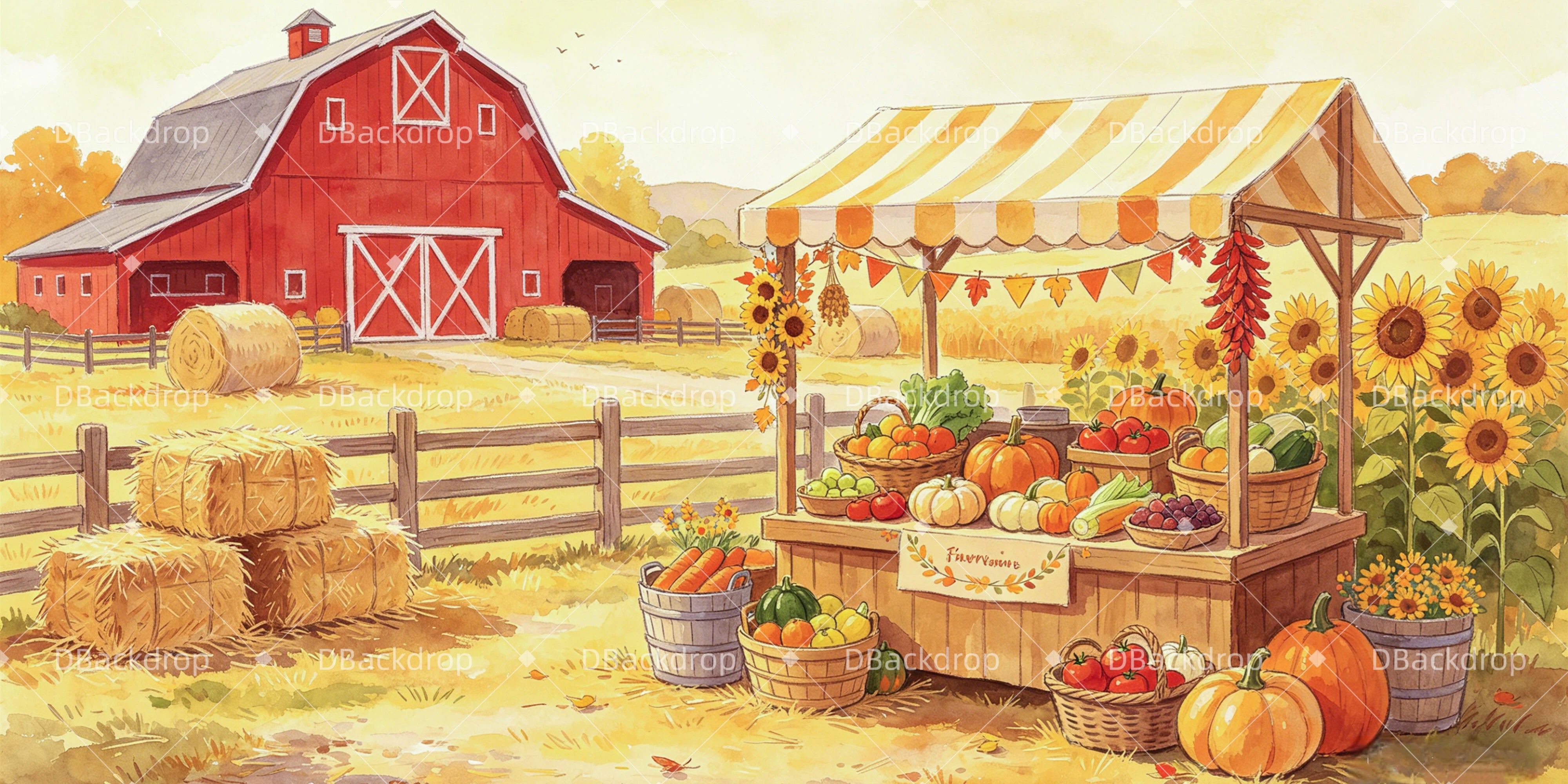 Farmers Market Backdrop Autumn Harvest Rustic Barn VBS Backdrops UK GQ64-T15