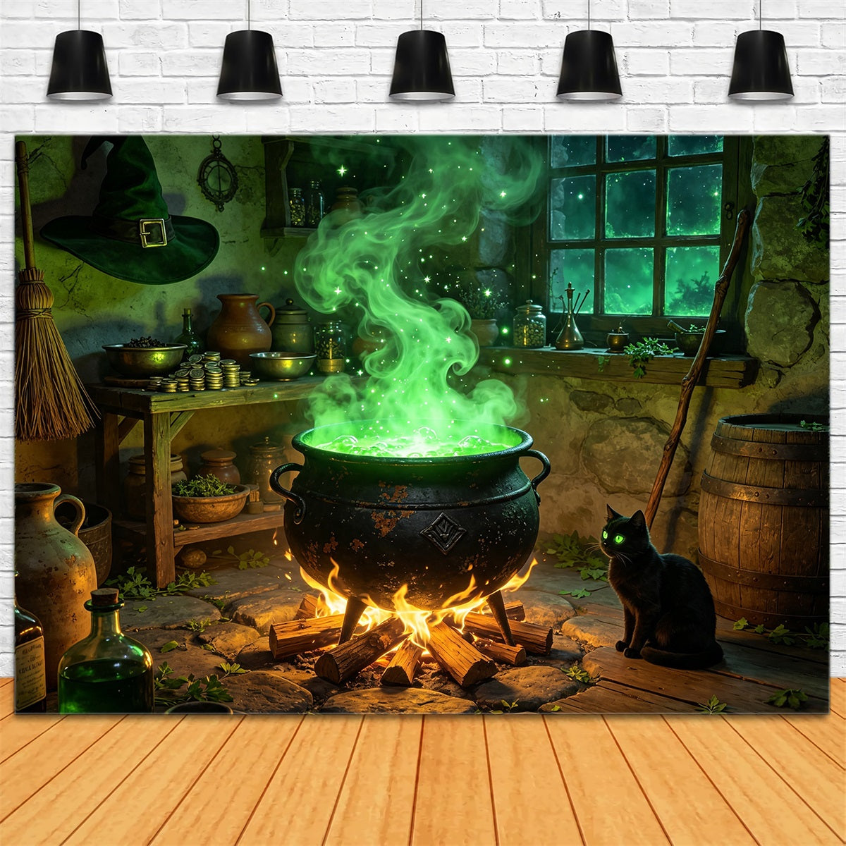 Witches Kitchen Backdrop Glowing Cauldron Cottage Halloween Back Drop UK GQ67-103
