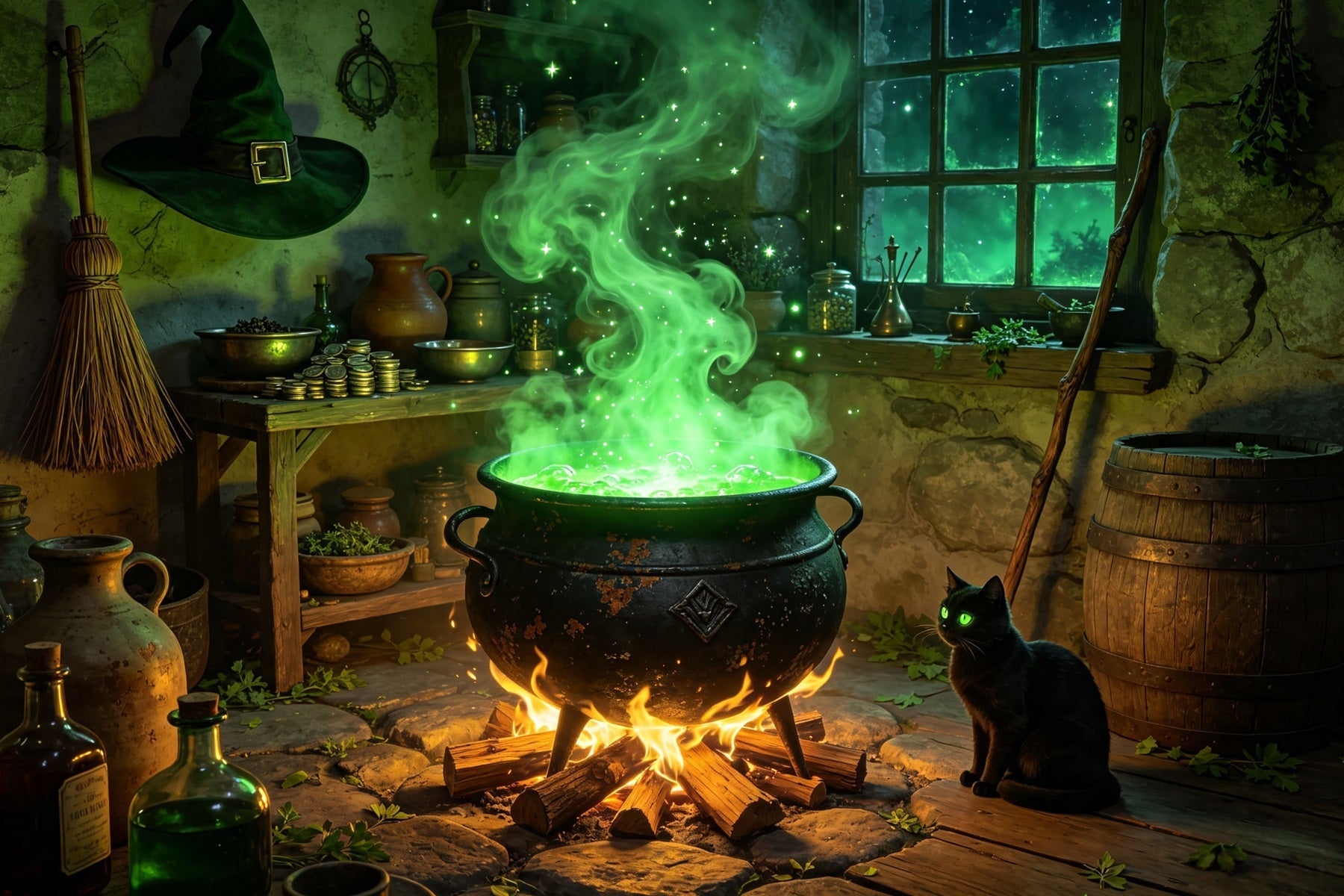 Witches Kitchen Backdrop Glowing Cauldron Cottage Halloween Back Drop UK GQ67-103