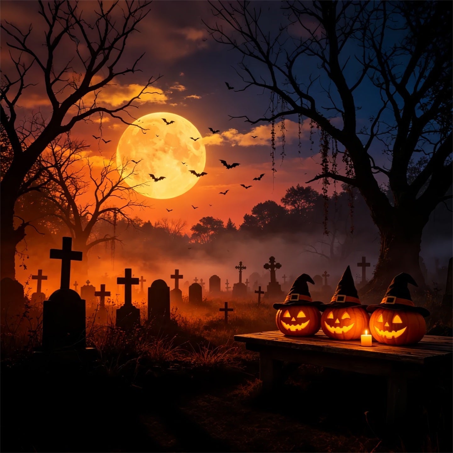 Bat Cave Backdrop Sunset Witch Pumpkin Graveyard Photo Backdrops Halloween UK GQ67-105