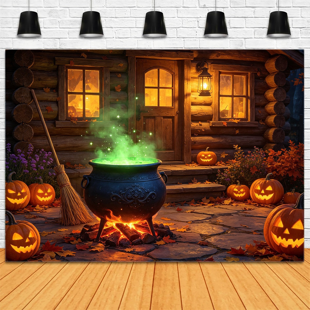Witches Kitchen Backdrop Banner Glowing Cauldron Cabin Porch Best Halloween Backdrops UK GQ67-113
