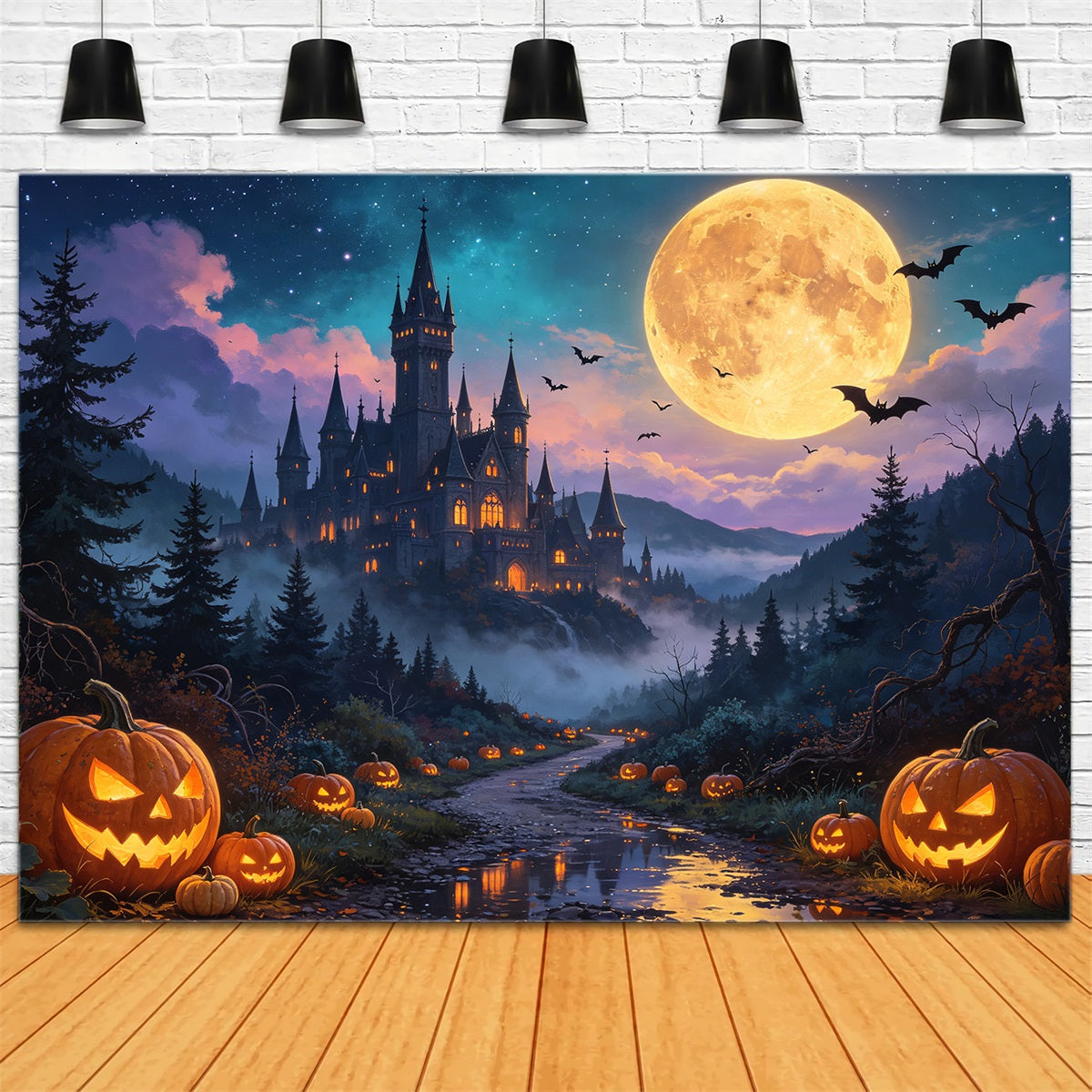 Halloween Pumpkin Backdrop Moonlit Pumpkin Castle Valley Haunted Backdrops UK GQ67-79