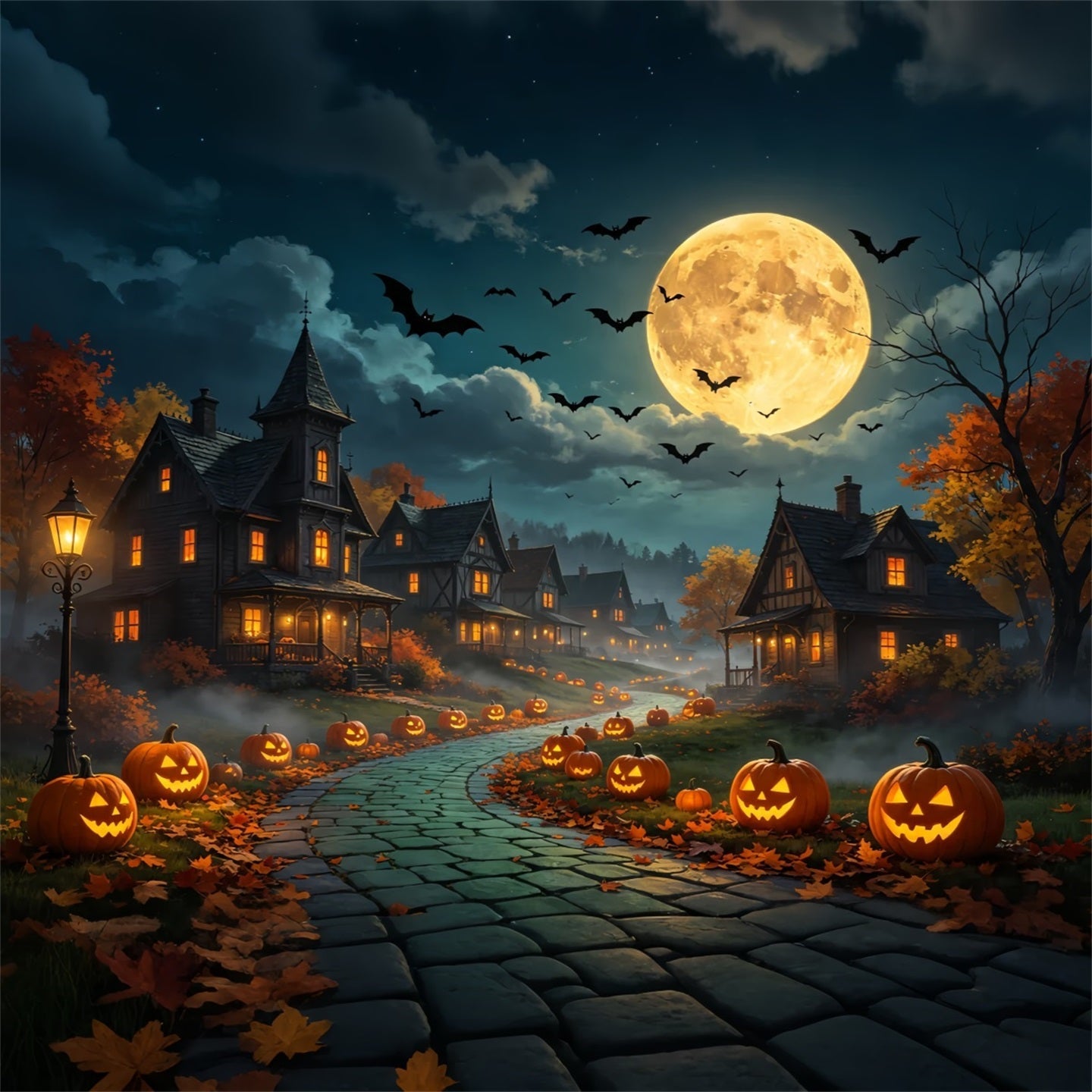 Halloween Village Backdrops Moonlit Pumpkin Road Diy Halloween Backdrop UK GQ67-90