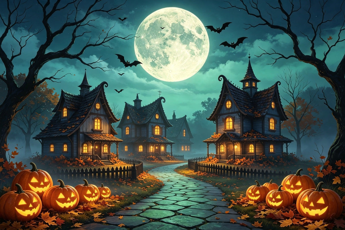 Backdrop For Halloween Village Moonlit Pumpkin Cottage Horror Movie Backdrop UK GQ67-96