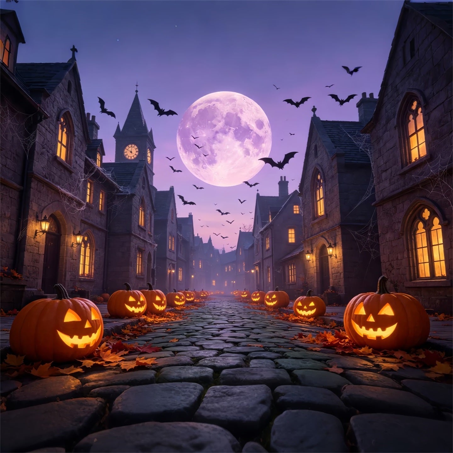 Bats Backdrop Purple Moonlit Pumpkin Street Backdrop For Halloween UK GQ67-97