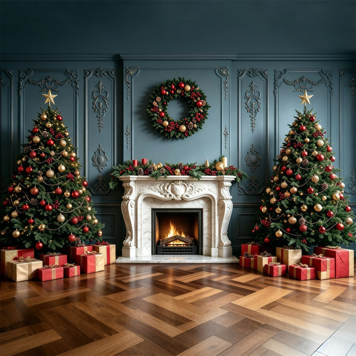 Christmas Fireplace Backdrop Elegant Blue Wall Garland Photo Christmas Backdrop UK GQ68-100