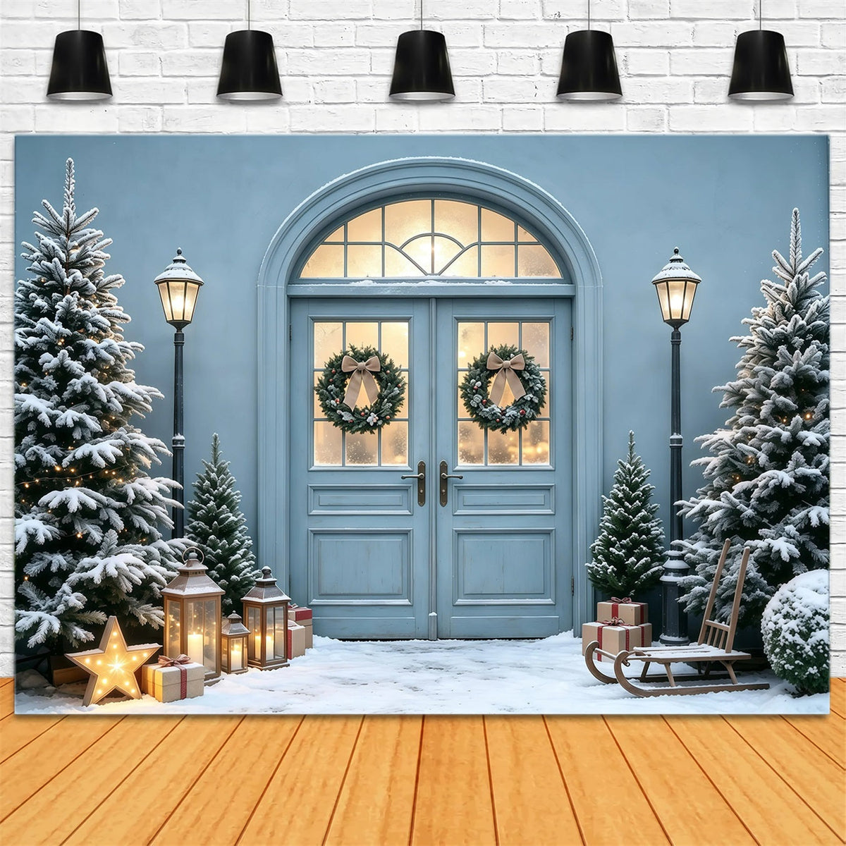 Blue Christmas Backdrop Snowy Pine Doorway Glow Photo Christmas Backdrops UK GQ68-101