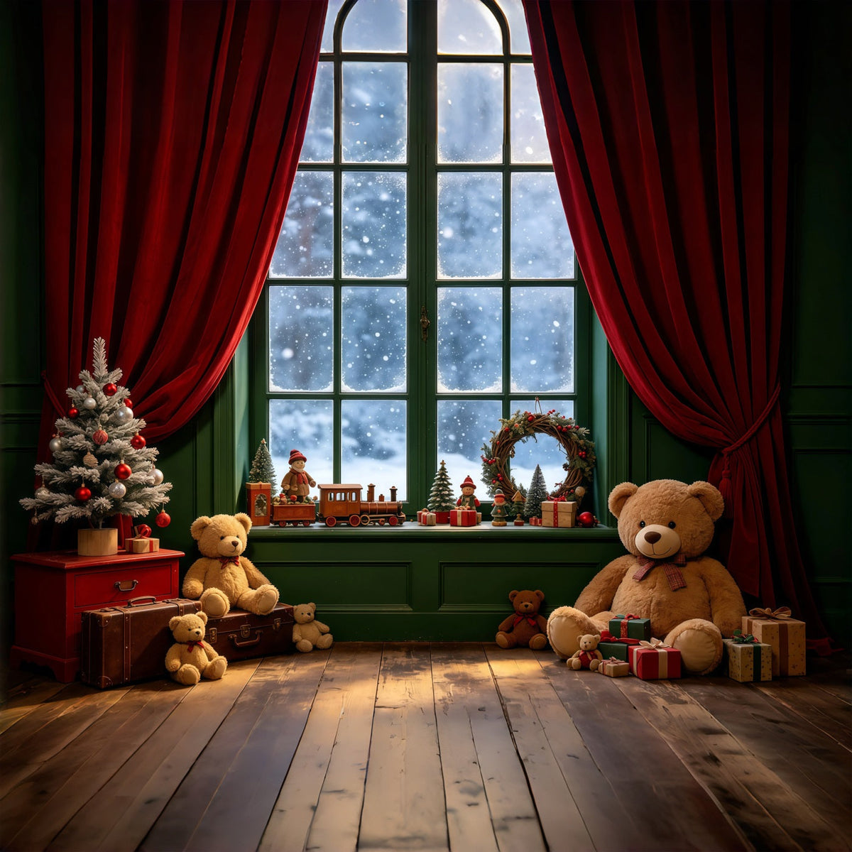 Christmas Window Backdrop Teddy Bear Indoor Corner Christmas Muslin Backdrop UK GQ68-106