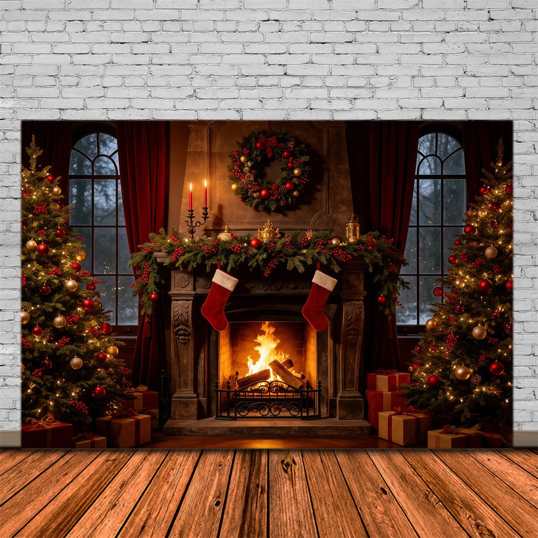Cozy Christmas Backdrop Vintage Fireplace Stockings Christmas Indoor Backdrop UK GQ68-107