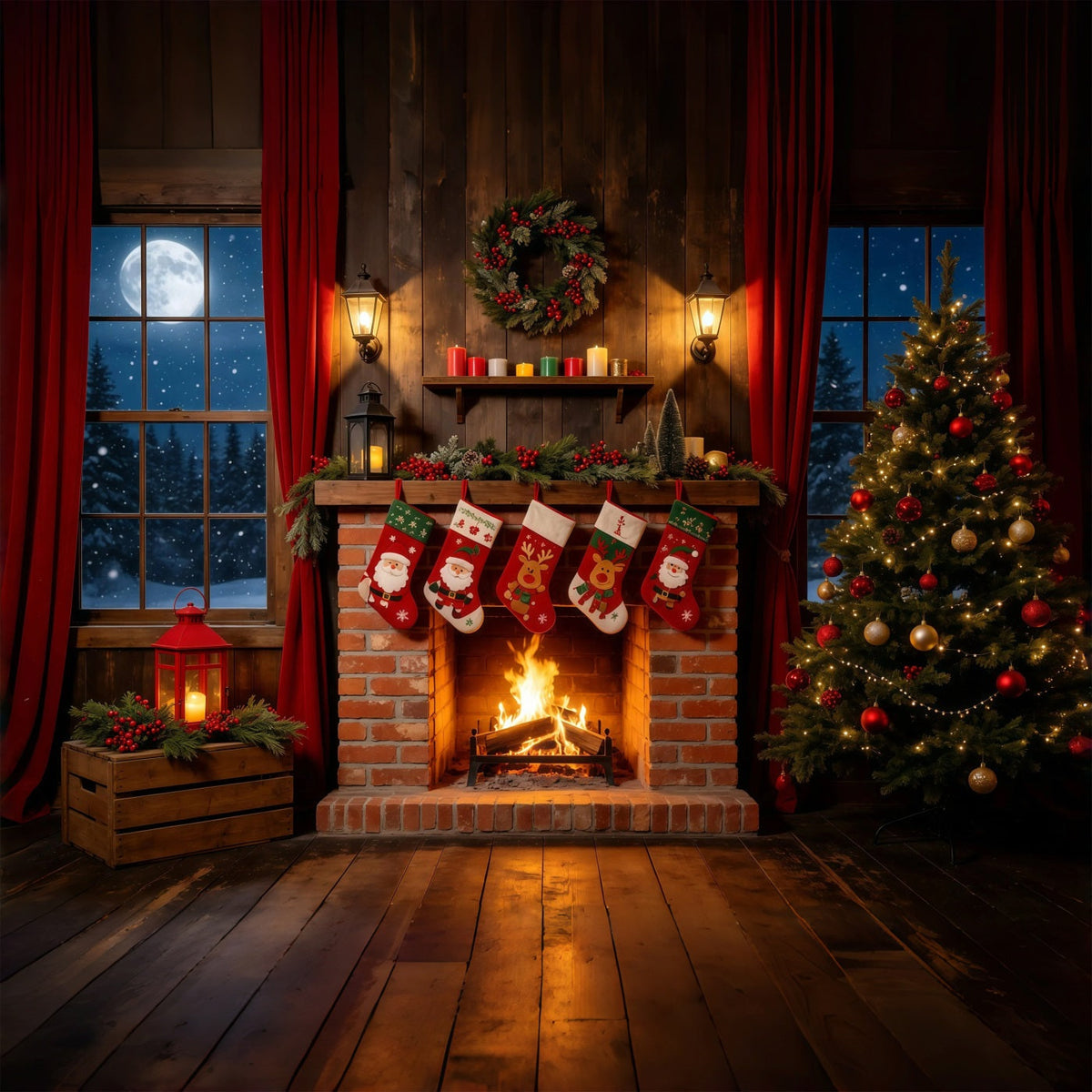Christmas Night Backdrop Rustic Fireplace Stockings Indoor Christmas Backdrops UK GQ68-108