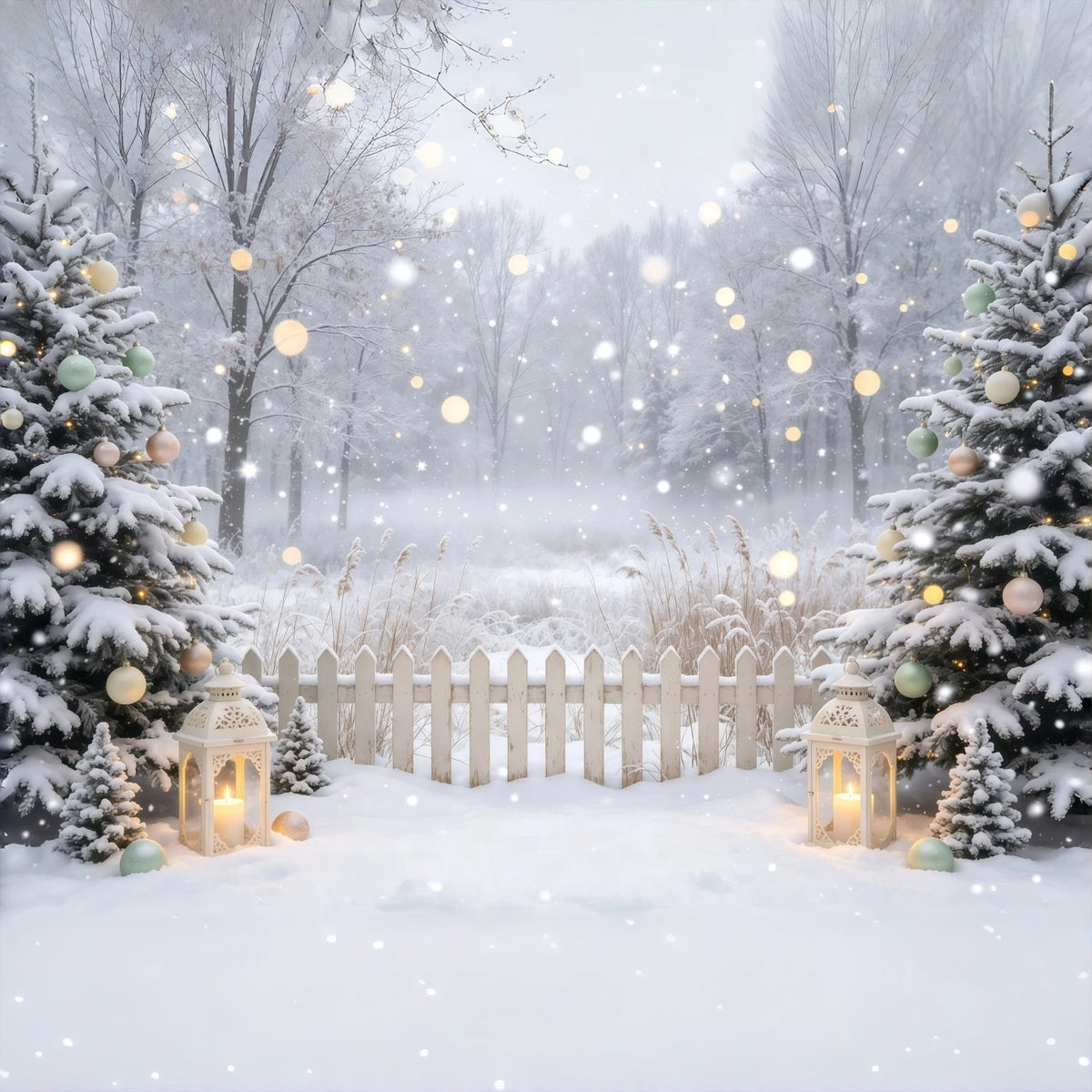 Winter Christmas Backdrop Snowy Forest Lanterns Professional Christmas Backdrop UK GQ68-109
