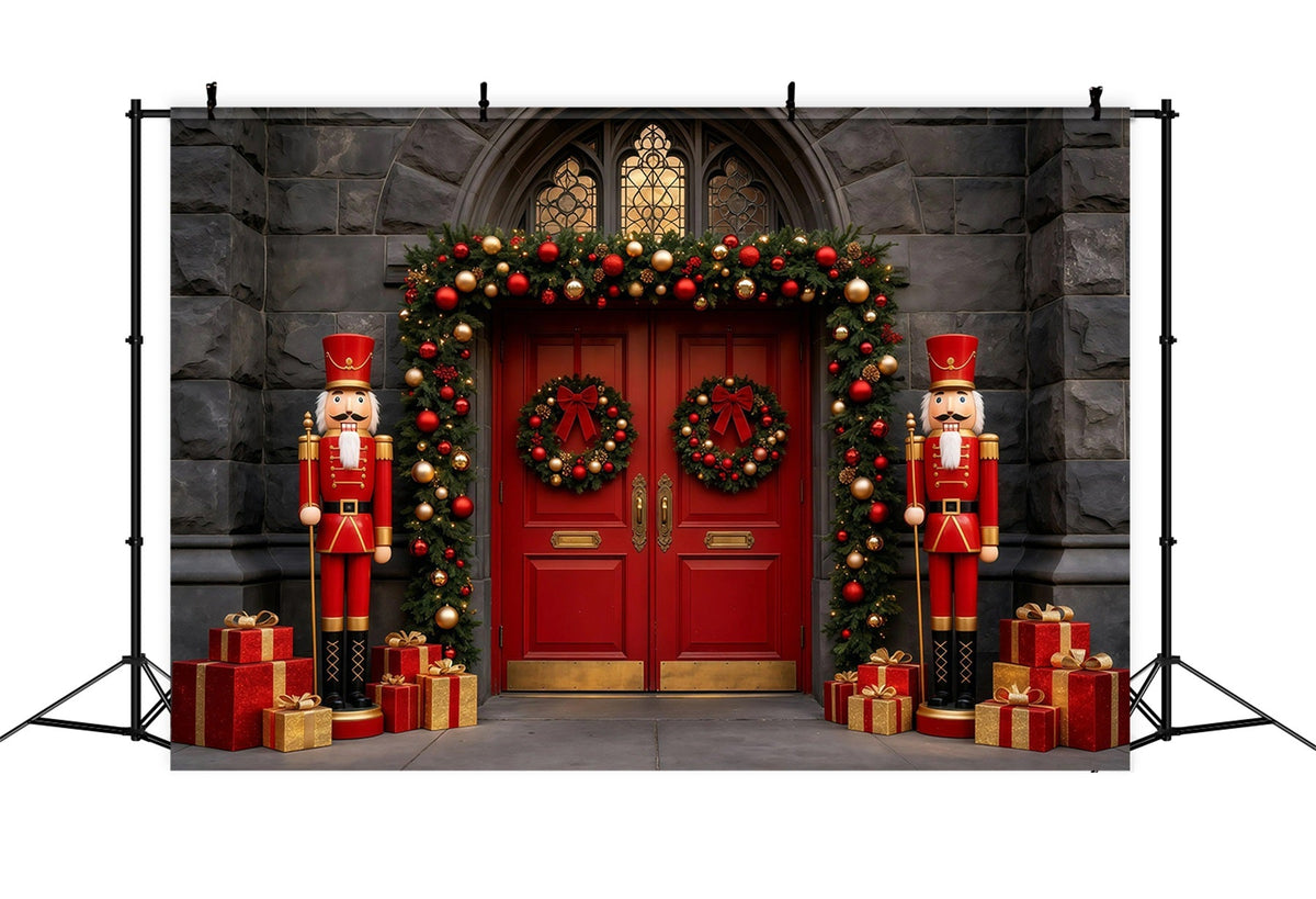 Christmas Nutcracker Backdrop Stone Red Door Entrance Photographic Backdrops Christmas UK GQ68-113