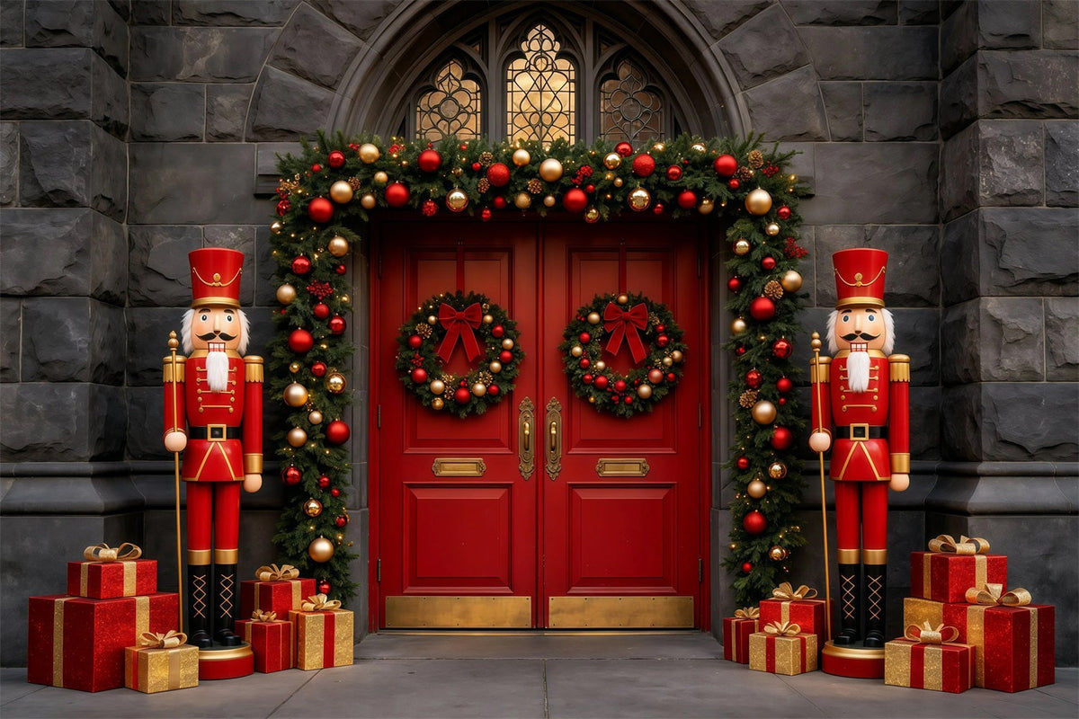 Christmas Nutcracker Backdrop Stone Red Door Entrance Photographic Backdrops Christmas UK GQ68-113