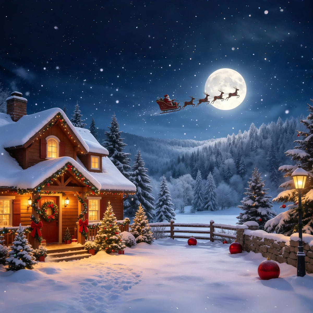 Christmas Santa Backdrop Moonlit Cabin Snowy Mountain Christmas Backdrop UK GQ68-115