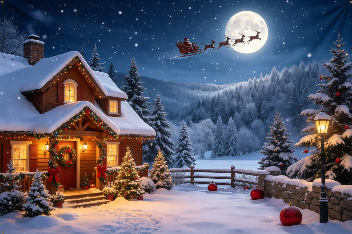 Christmas Santa Backdrop Moonlit Cabin Snowy Mountain Christmas Backdrop UK GQ68-115