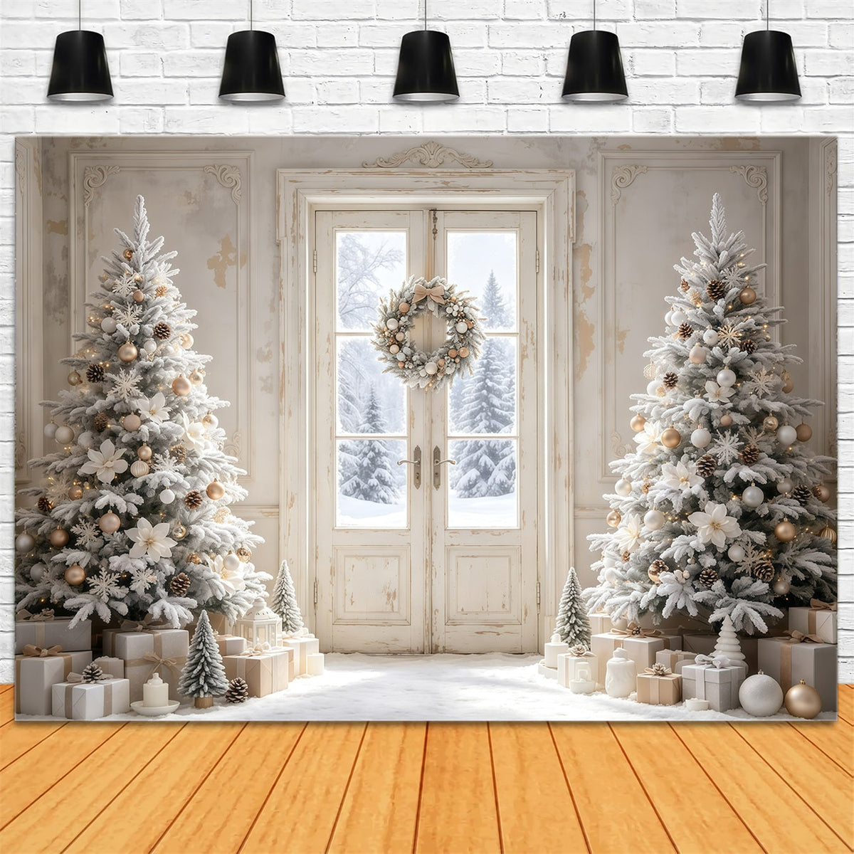 Simple Christmas Backdrop White Frosted Door Trees Christmas Backdrops UK GQ68-116