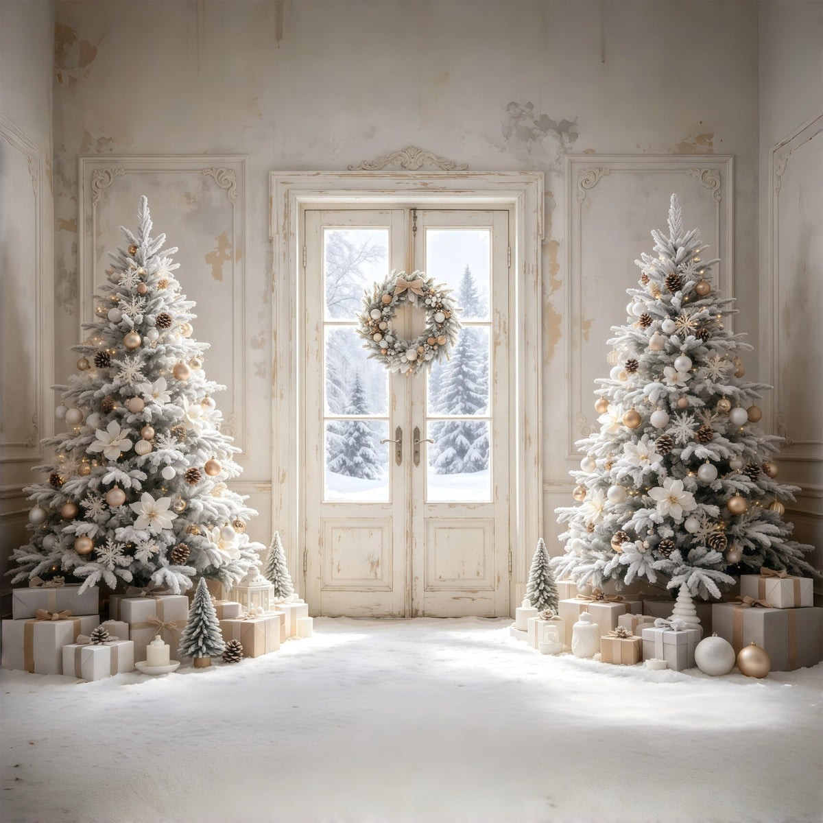 Simple Christmas Backdrop White Frosted Door Trees Christmas Backdrops UK GQ68-116