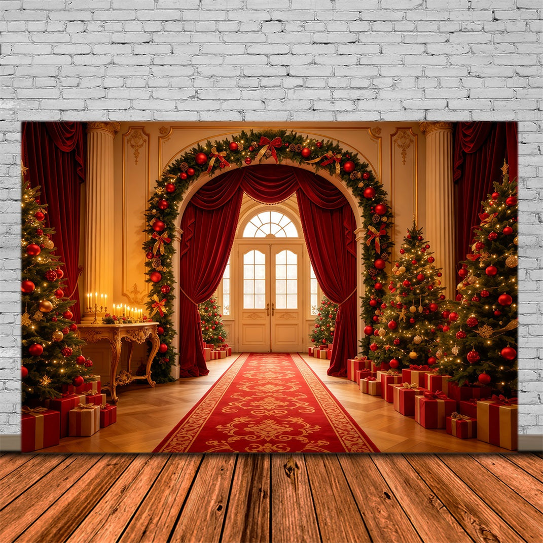Christmas Living Room Backdrop Grand Red Curtain Archway Christmas Photography Backdrop UK GQ68-120