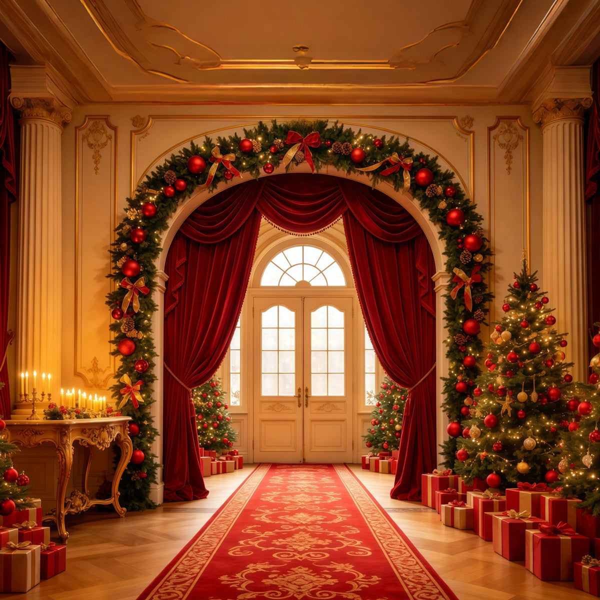 Christmas Living Room Backdrop Grand Red Curtain Archway Christmas Photography Backdrop UK GQ68-120