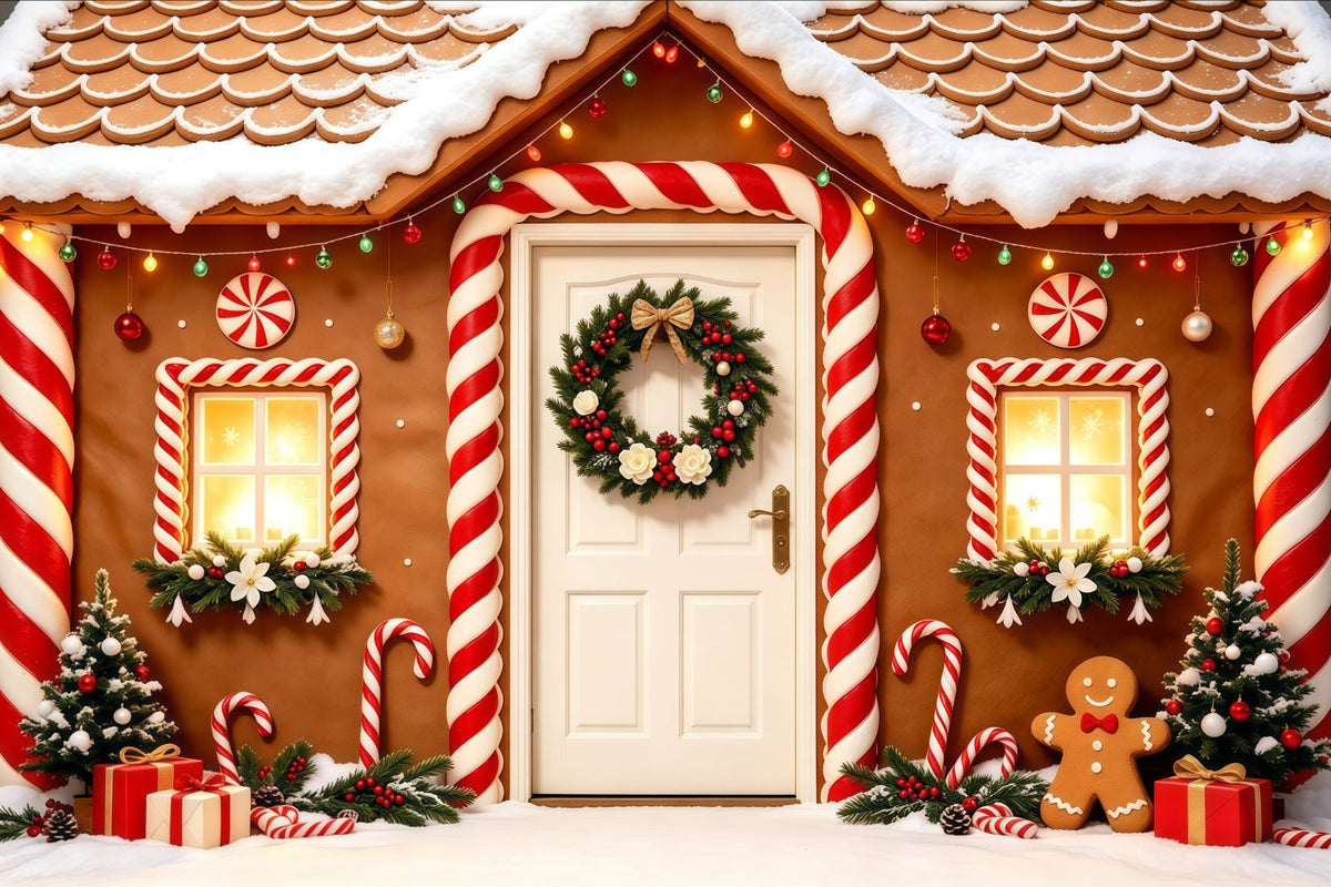 Christmas Gingerbread Backdrop Snowy Candy House Doorway Photo Backdrop Christmas UK GQ68-123