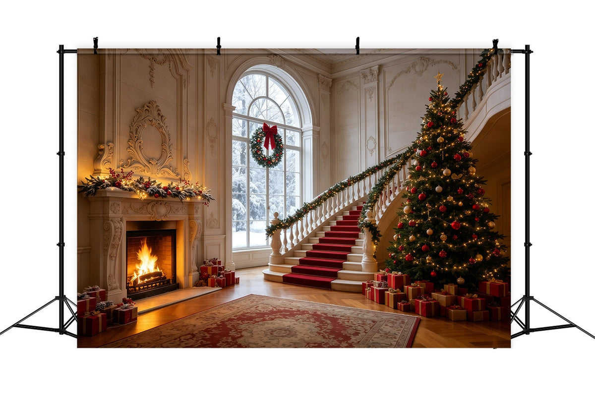 Christmas Backdrop Elegant Staircase Mansion Hall Photography Christmas Backdrops UK GQ68-126