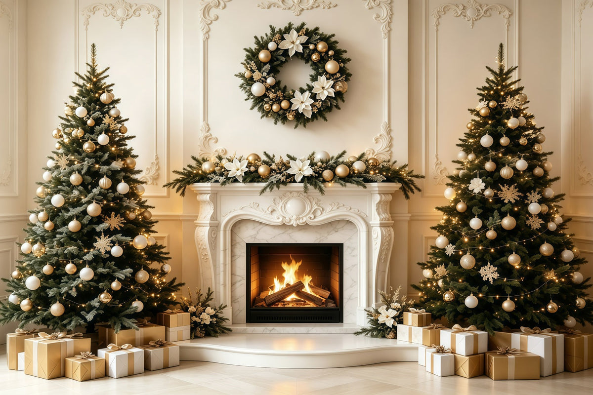 Christmas Living Room Backdrop Elegant Mantel Fireplace Photography Backdrop Christmas UK GQ68-134