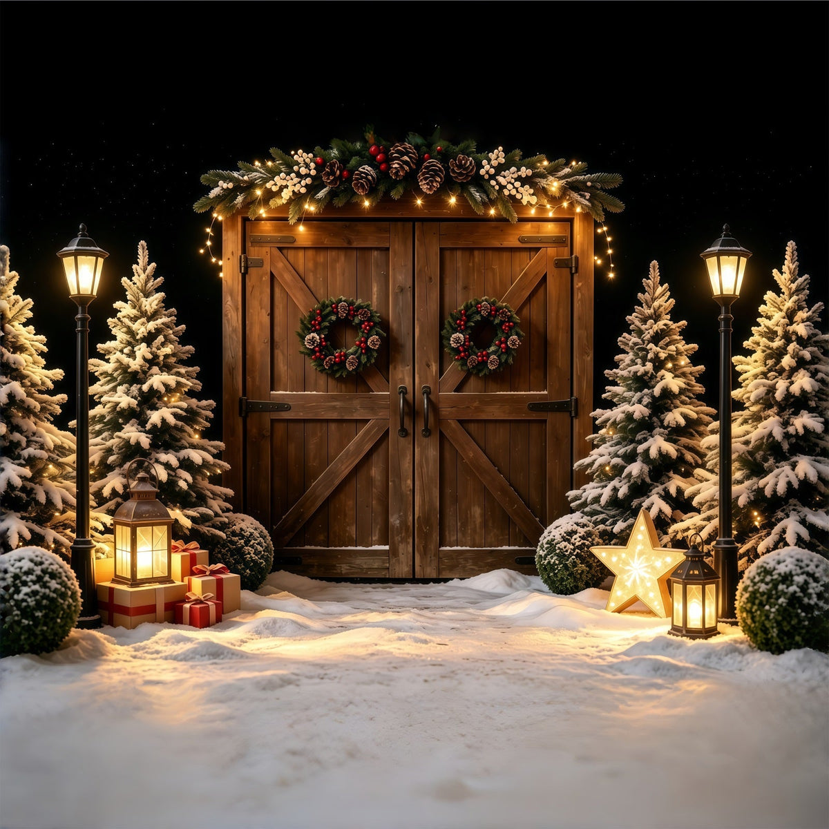 Christmas Barn Backdrop Snowy Wood Door Lantern Glow Photo Backdrops Christmas UK GQ68-57