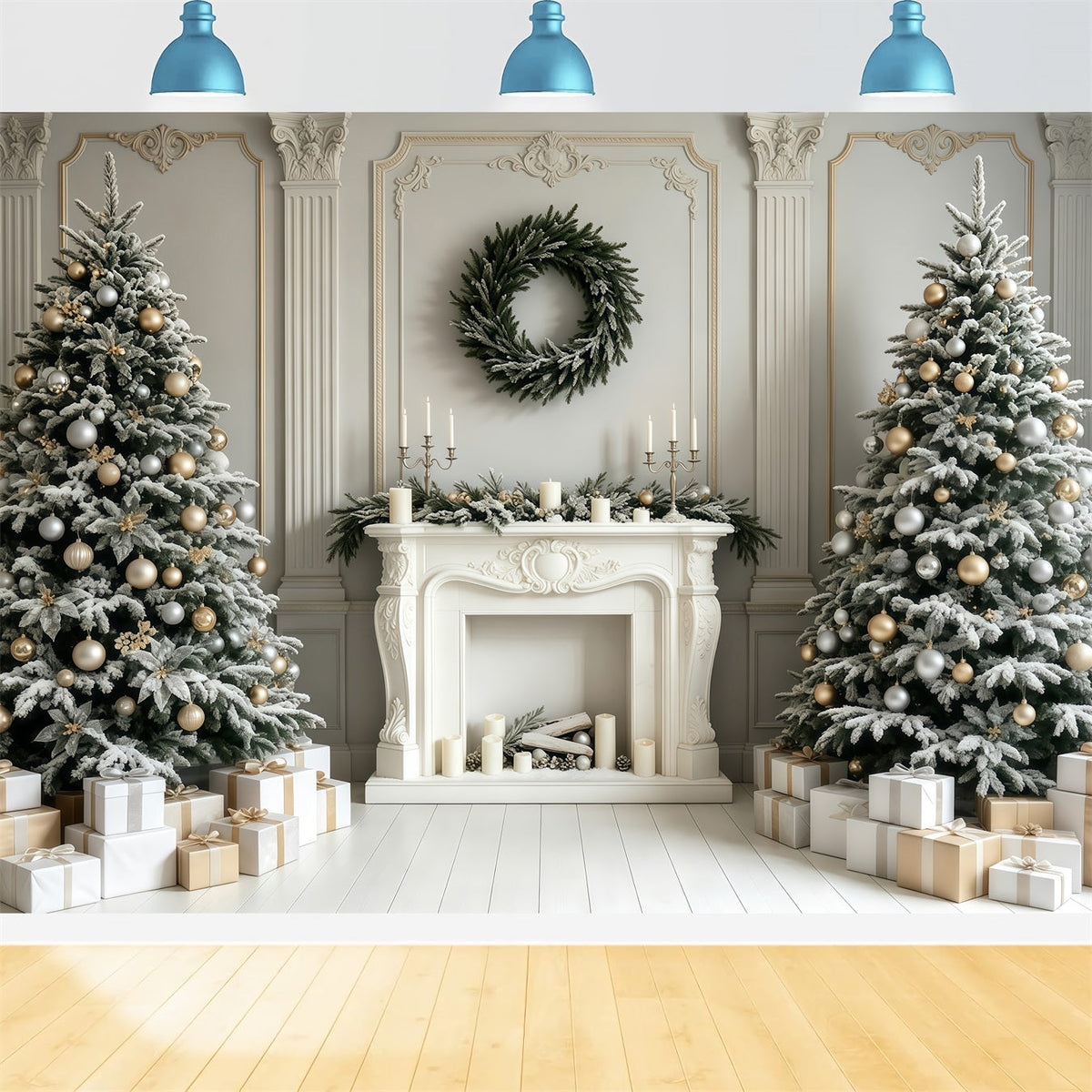 Christmas Fireplace Backdrop White Retro Wall Trees Christmas Studio Backdrop UK GQ68-59