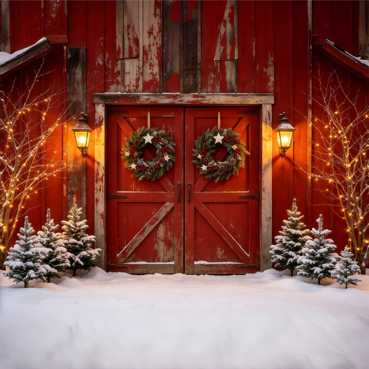 Barn Door Christmas Backdrop Rustic Red Door Lantern Christmas Muslin Backdrop UK GQ68-69