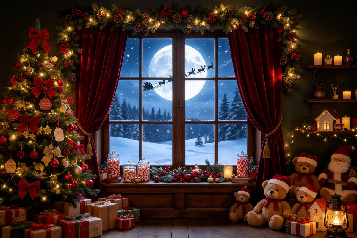 Christmas Night Backdrop Moonlit Window Teddy Room Professional Christmas Backdrop UK GQ68-72