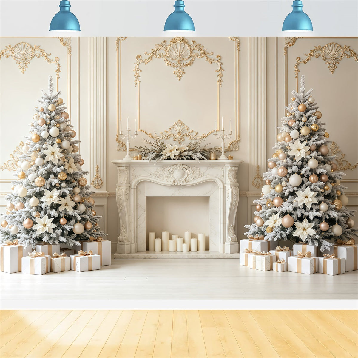 Christmas Wall Backdrop Ivory Gold Fireplace Elegance Christmas Backdrop UK GQ68-78