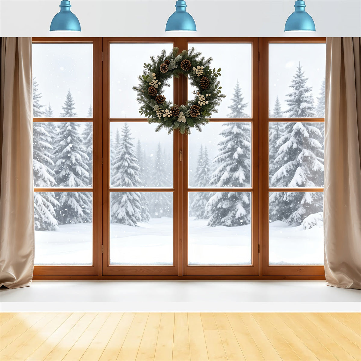 Christmas Window Backdrop Rustic Wreath Snowy Forest Christmas Photo Backdrop UK GQ68-80