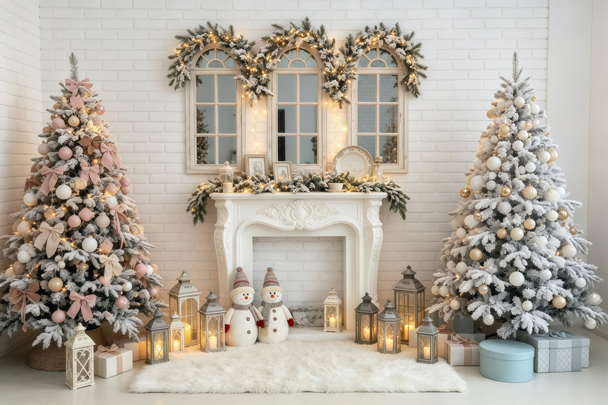 Christmas Scene Backdrop White Brick Fireplace Lanterns Christmas Photo Backdrops UK GQ68-81