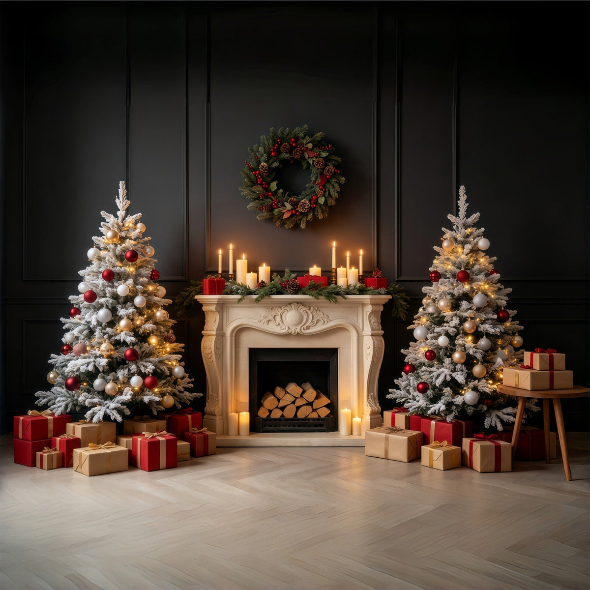 Vintage Christmas Backdrop Dark Fireplace Mantel Glow Professional Christmas Backdrops UK GQ68-84