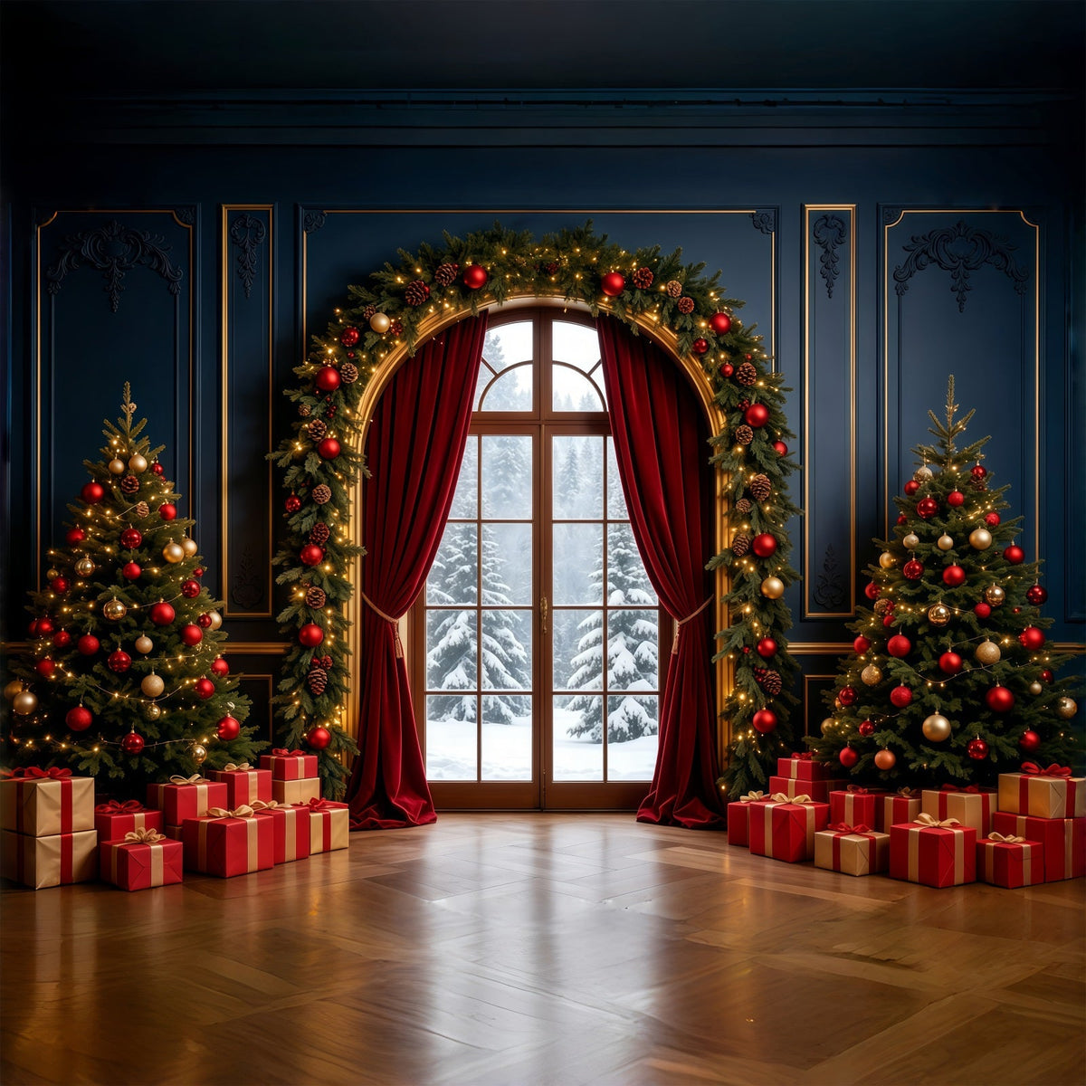 Christmas Living Room Backdrop Elegant Arched Window Decor Large Christmas Backdrop UK GQ68-90