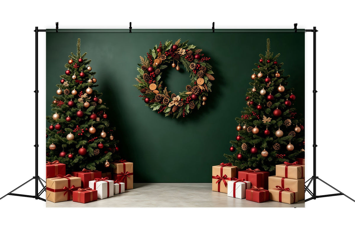 Green Christmas Backdrop Tree Wreath Gift Boxes Backdrops Christmas UK GQ68-91
