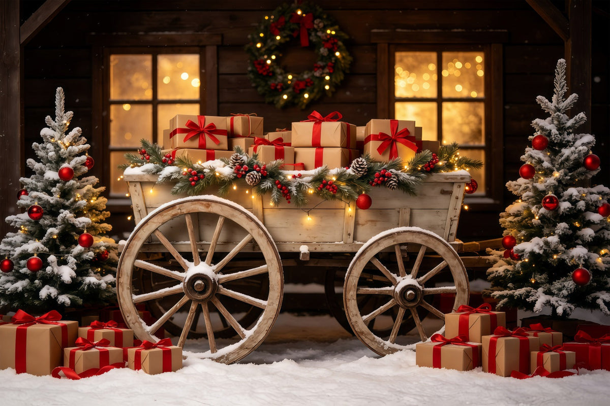 Outdoor Christmas Backdrop Rustic Wagon Gift Display Photography Christmas Backdrop UK GQ68-92