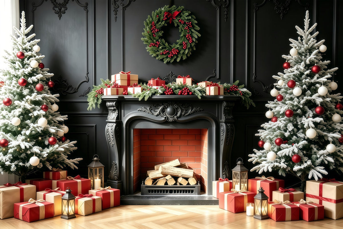 Fireplace Backdrop Christmas Black Mantel Tree Gift Photo Backdrops Christmas UK GQ68-94