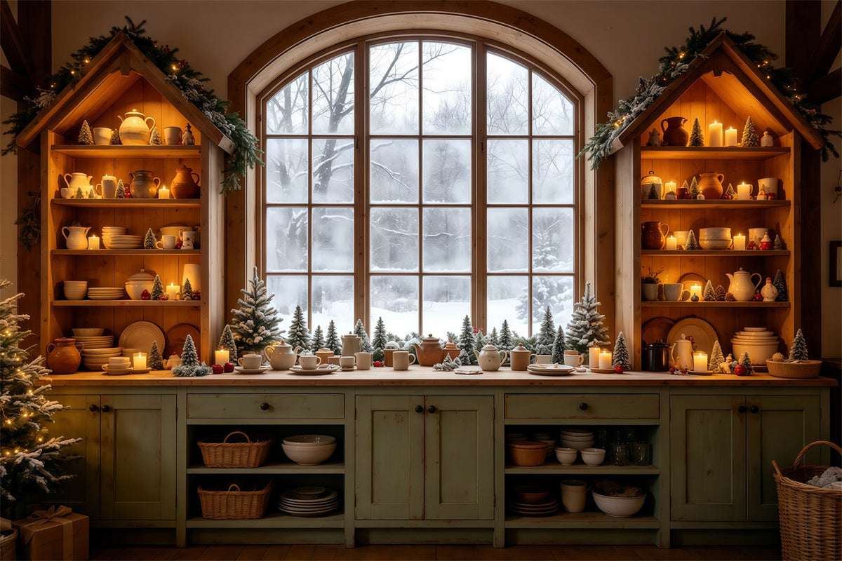 Christmas Kitchen Backdrop Cozy Kitchen Snowy Window Christmas Wall Backdrops UK GQ68-95