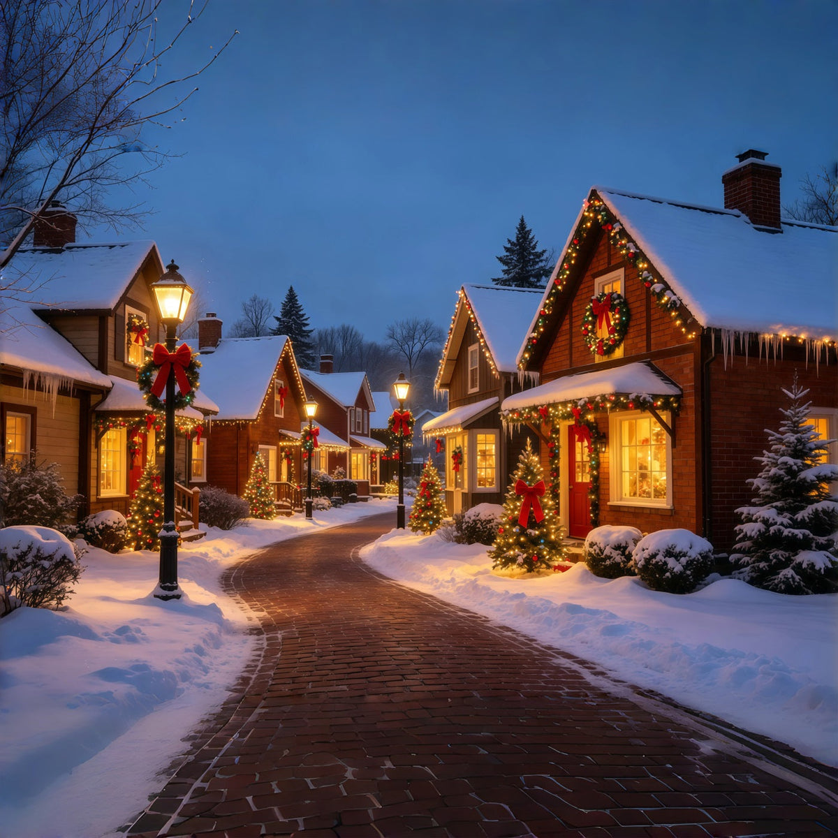 Christmas Village Backdrop Snowy Streete Cottage Lights Indoor Christmas Backdrops UK GQ69-10