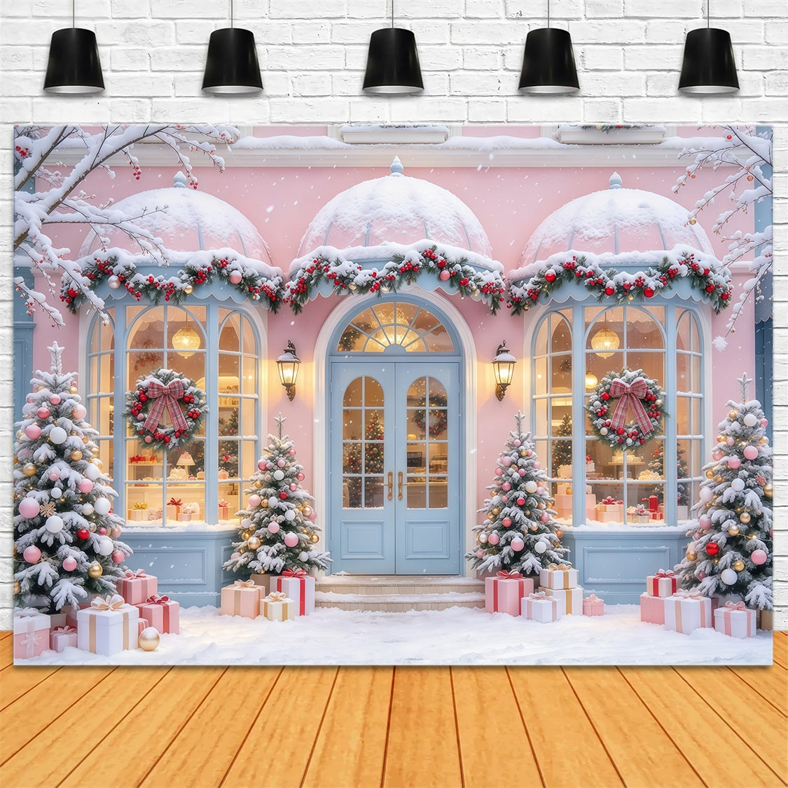 Christmas Family Backdrop Pastel Snowy Shopfront Display Pink Christmas Backdrops UK GQ69-102